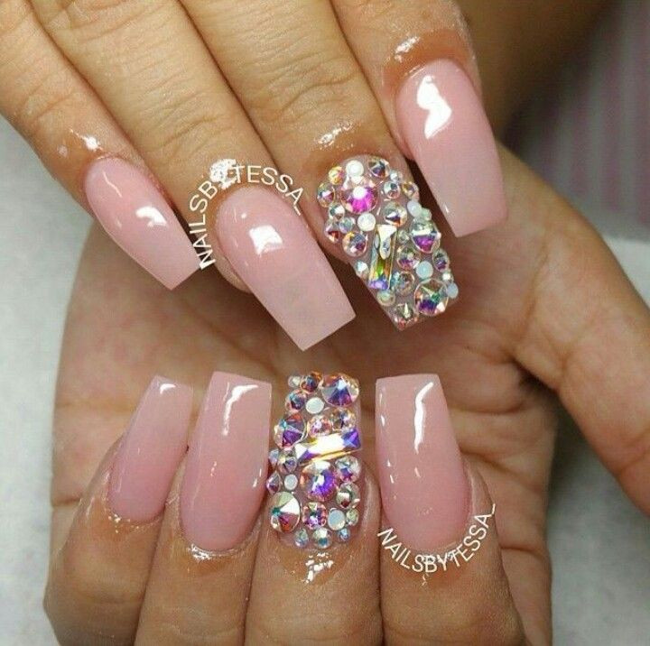 Light Pink Acrylic Nail Designs
 Light Pink Square Tip Acrylic Nails w Rhinestones