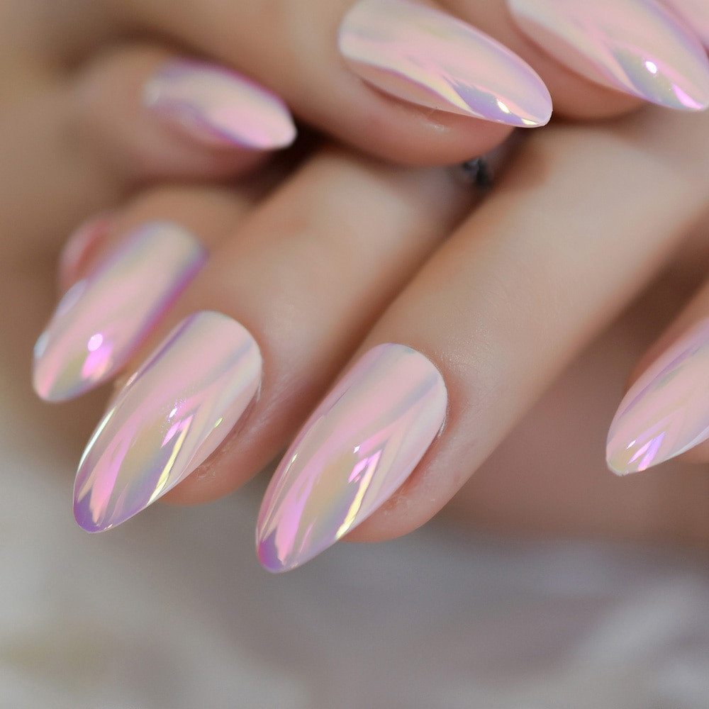 Light Pink Nail Art
 Light Pink Almond Holographic Nail Art Medium Mirror