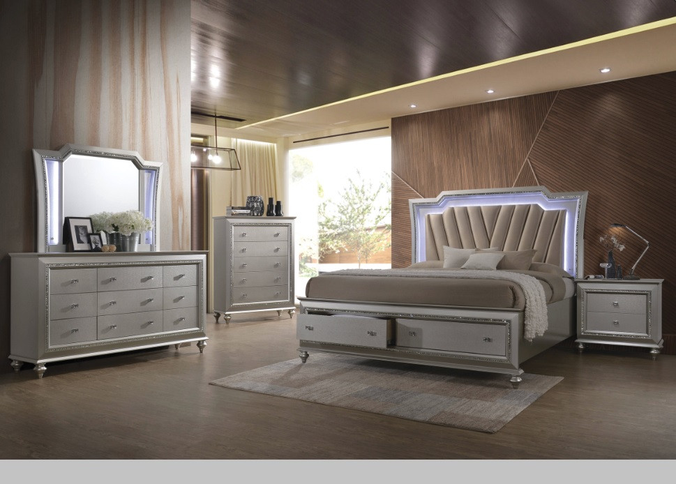 Lighted Headboard Bedroom Set
 Kaitlyn Bedroom Set with LED Headboard in PU and Champagne