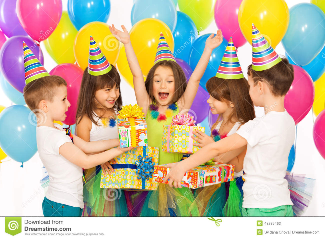 Little Kids Birthday Party
 Joyful Little Kid Girl Receiving Gifts At Birthday Stock