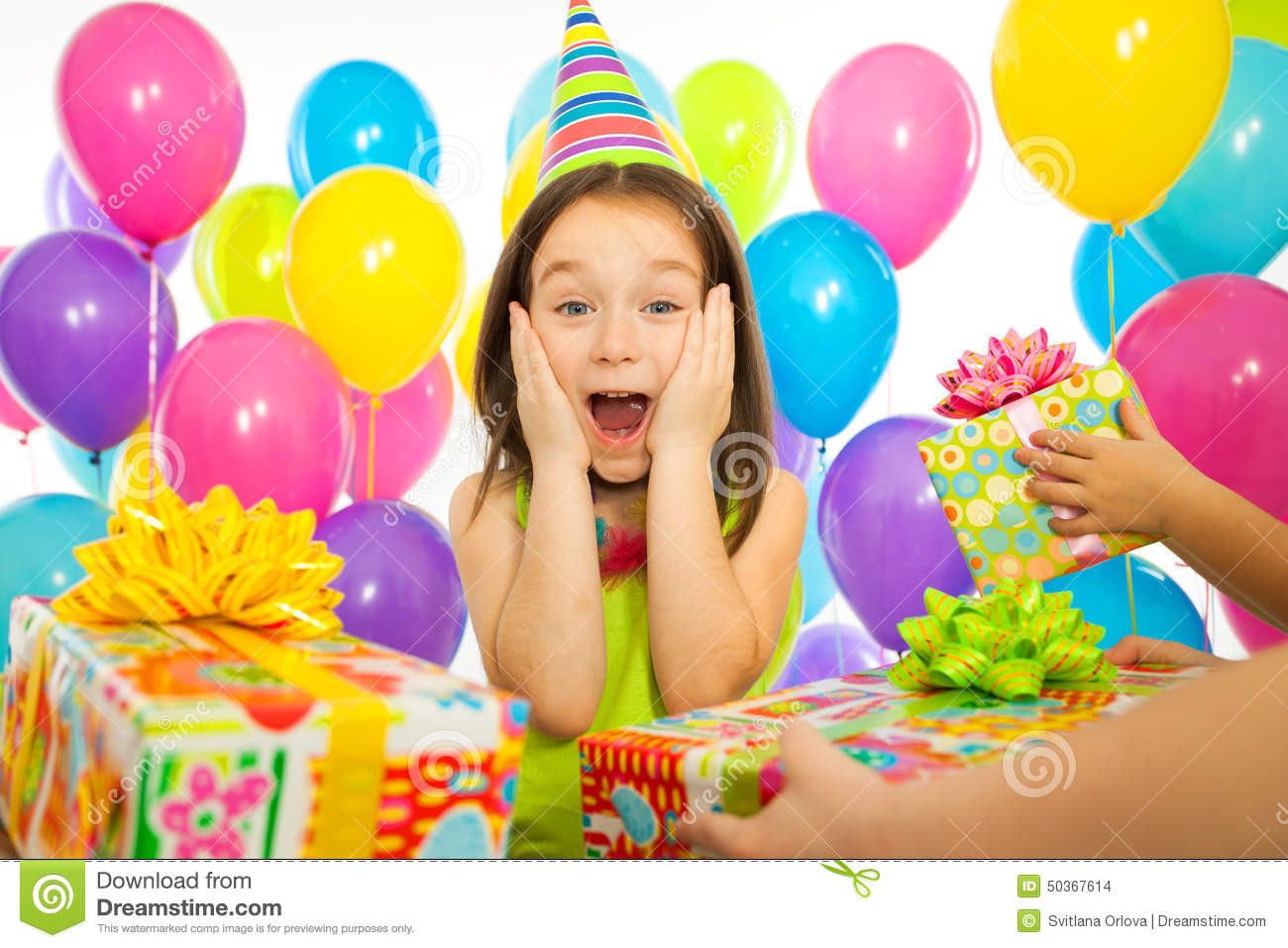 Little Kids Birthday Party
 Joyful Little Kid Girl Receiving Gifts At Birthday Stock
