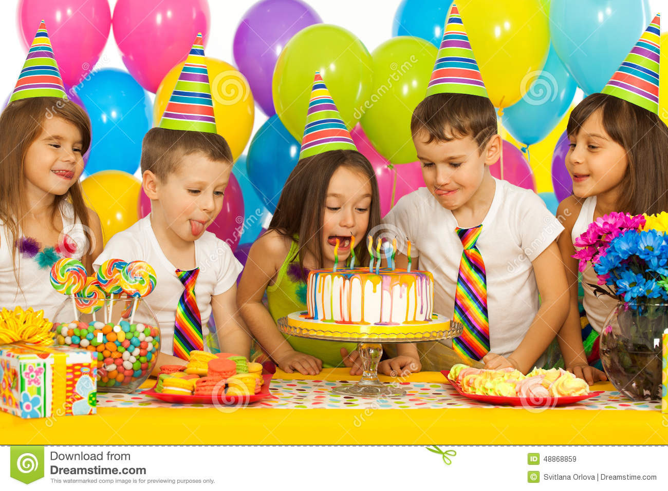 Little Kids Birthday Party
 Group Joyful Little Kids With Cake At Birthday Stock