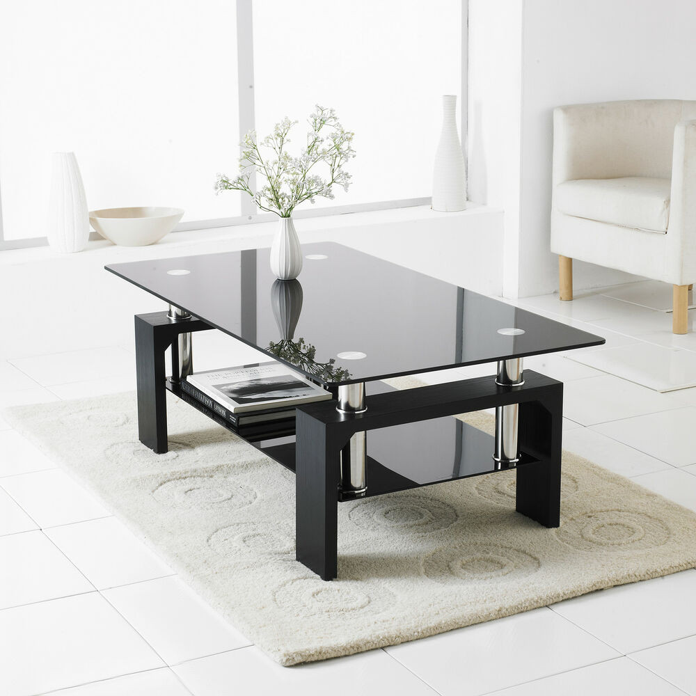 Living Room Glass Table
 Black Modern Rectangle Glass & Chrome Living Room Coffee