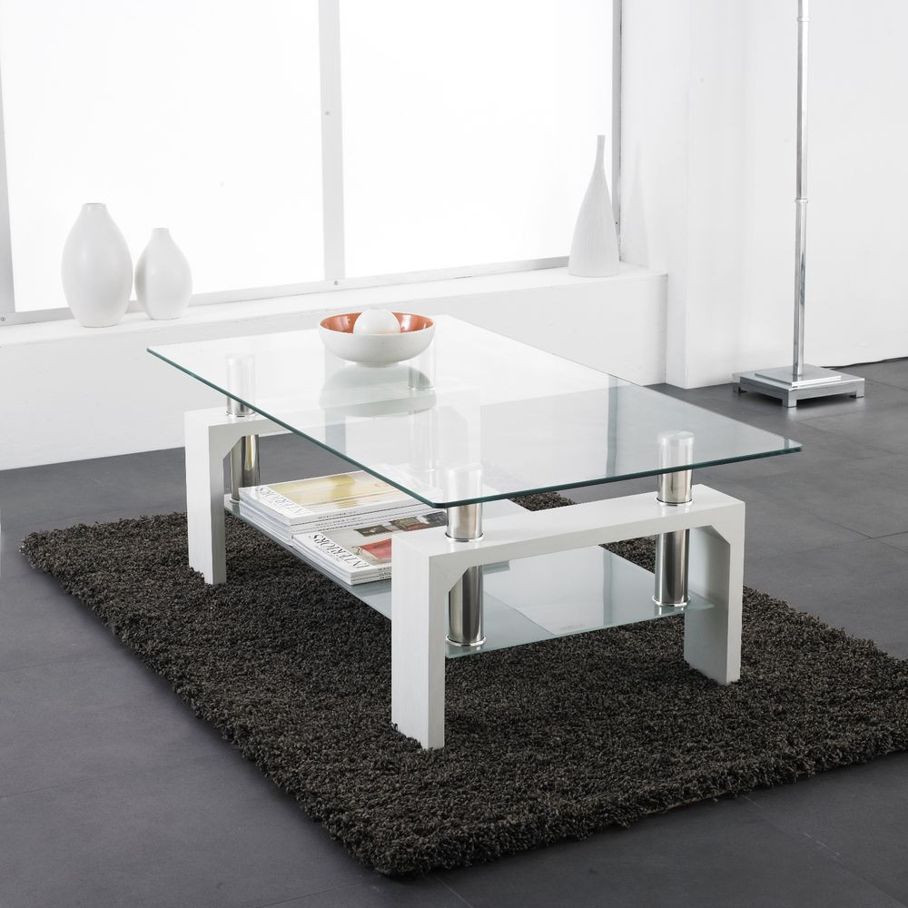 Living Room Glass Table
 White Modern Rectangle Glass & Chrome Living Room Coffee