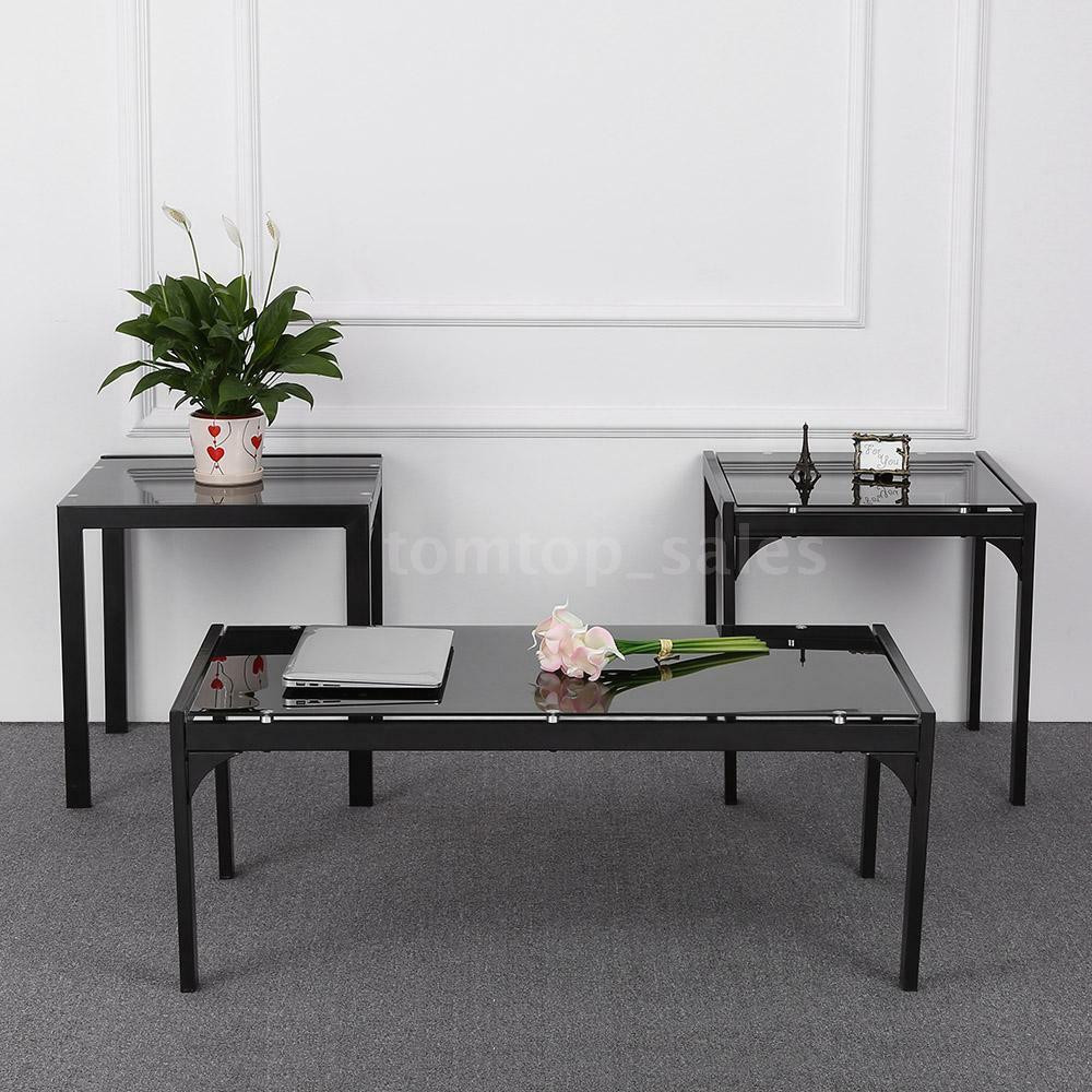 Living Room Glass Table
 3 Piece Glass Top Coffee & End Table Set Metal Frame