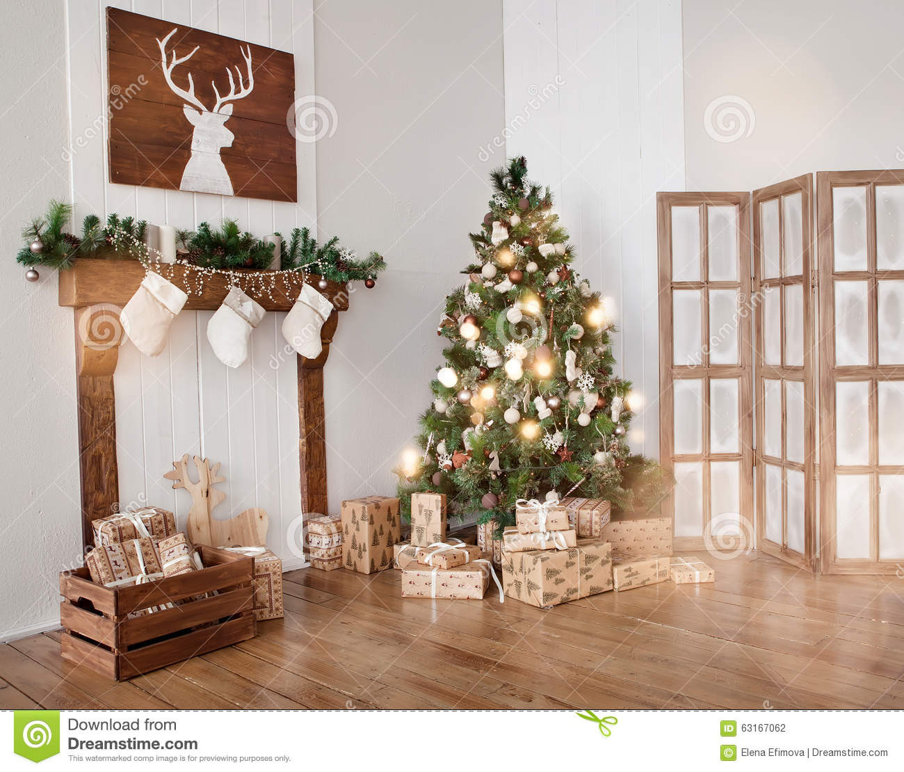 Living Room Tree Decoration
 Interior Living Room With A Christmas Tree And Gifts