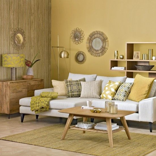 Living Room With Yellow Walls
 Honey b yellow living room with sunburst shades