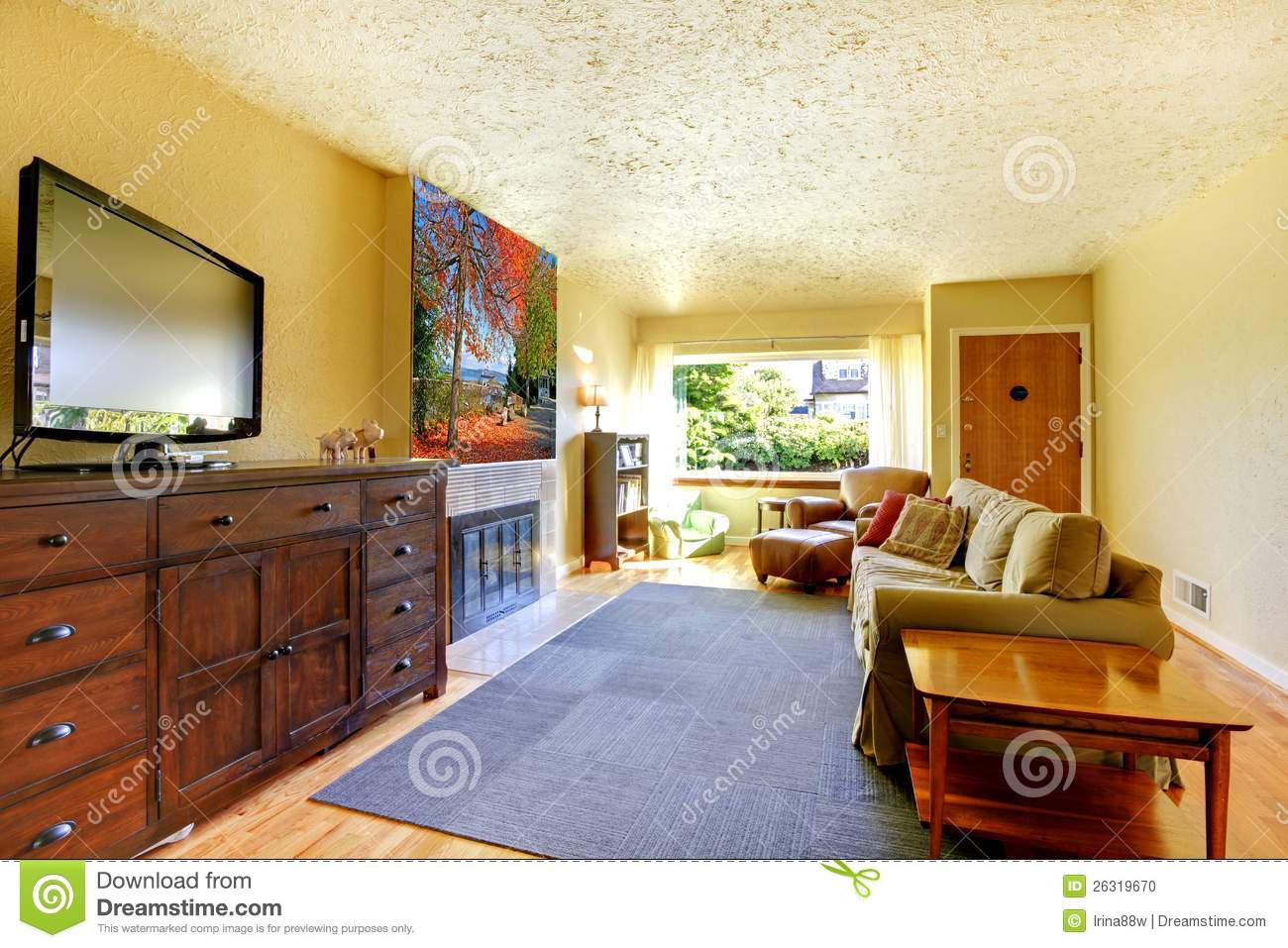 Living Room With Yellow Walls
 Living Room With Grey Rug Yellow Walls And TV