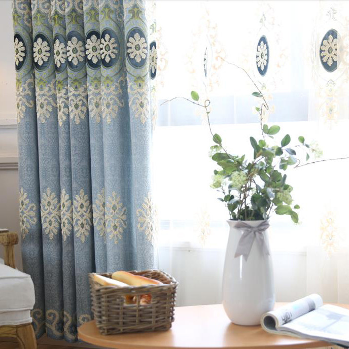 Long Curtains For Living Room
 Blue Floral Jacquard Chenille Thermal Long curtains for