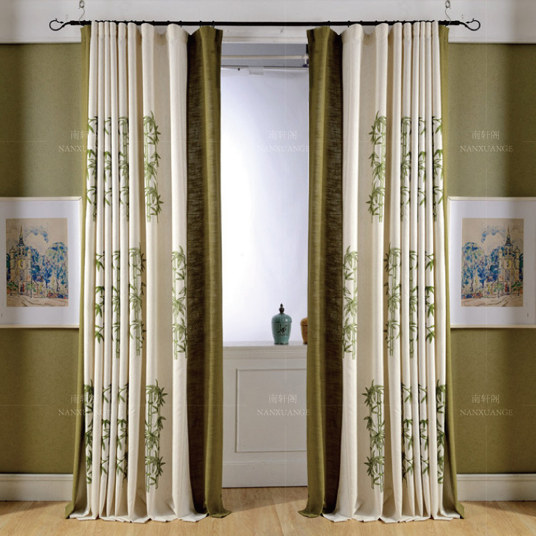 Long Curtains For Living Room
 Green and Beige Bamboo Embroidery Burlap Country Long