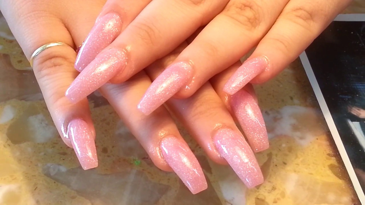 Long Glitter Nails
 Long Pink Glitter Powder Coffin Nails Shape