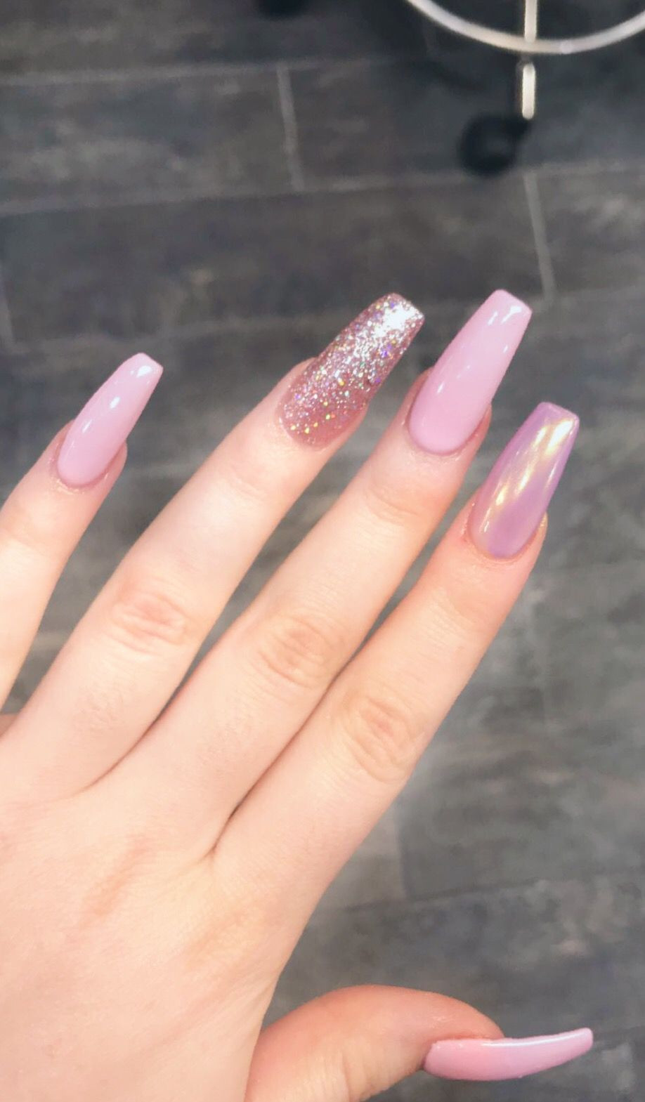 Long Glitter Nails
 nails pink glitter chrome holographic valentines long