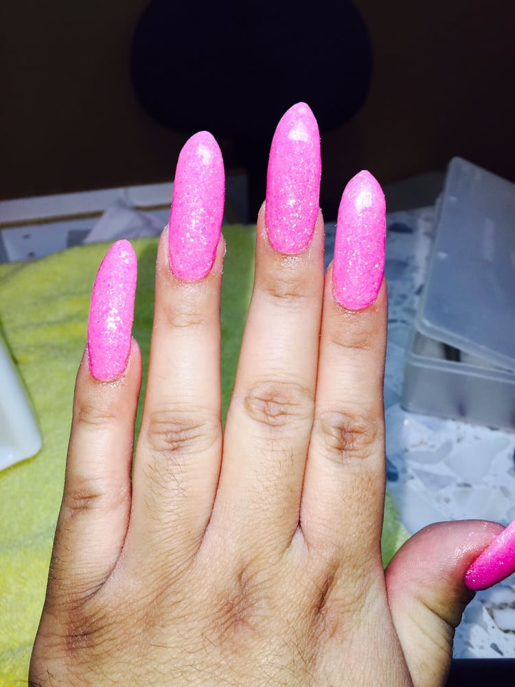 Long Glitter Nails
 Long pointed glitter powder pink nails Yelp