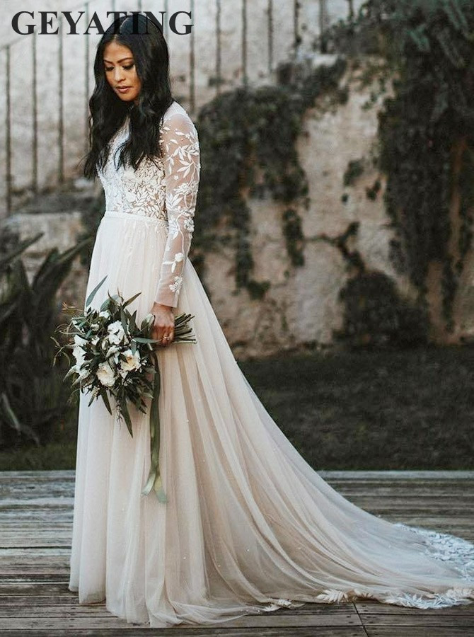 Long Gowns For Wedding
 Vintage Ivory Lace Long Sleeves Wedding Dress Boho