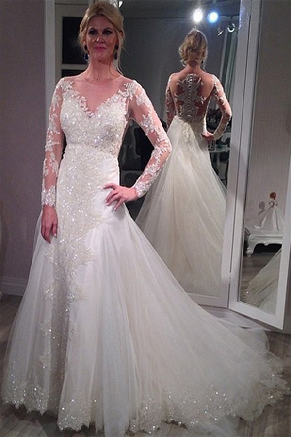 Long Gowns For Wedding
 Sheer Scoop Long Sleeve Wedding Dress Sparkly Lace Court