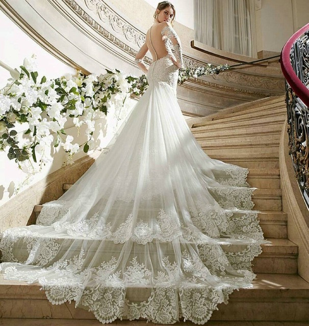 Long Gowns For Wedding
 Luxury Lace Wedding Dresses Royal Cathedral Train y