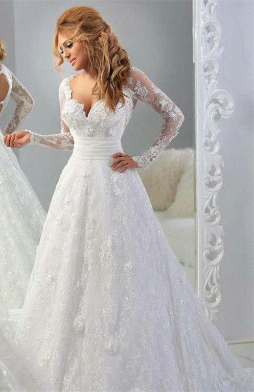 Long Gowns For Wedding
 Latest Long Sleeve Empire Lace Bridal Dress A Line Halter