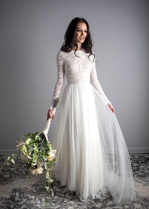 Long Sleeve Lace Wedding Gown
 Stunning Long Sleeve Wedding Dresses Lace Bodice Chiffon