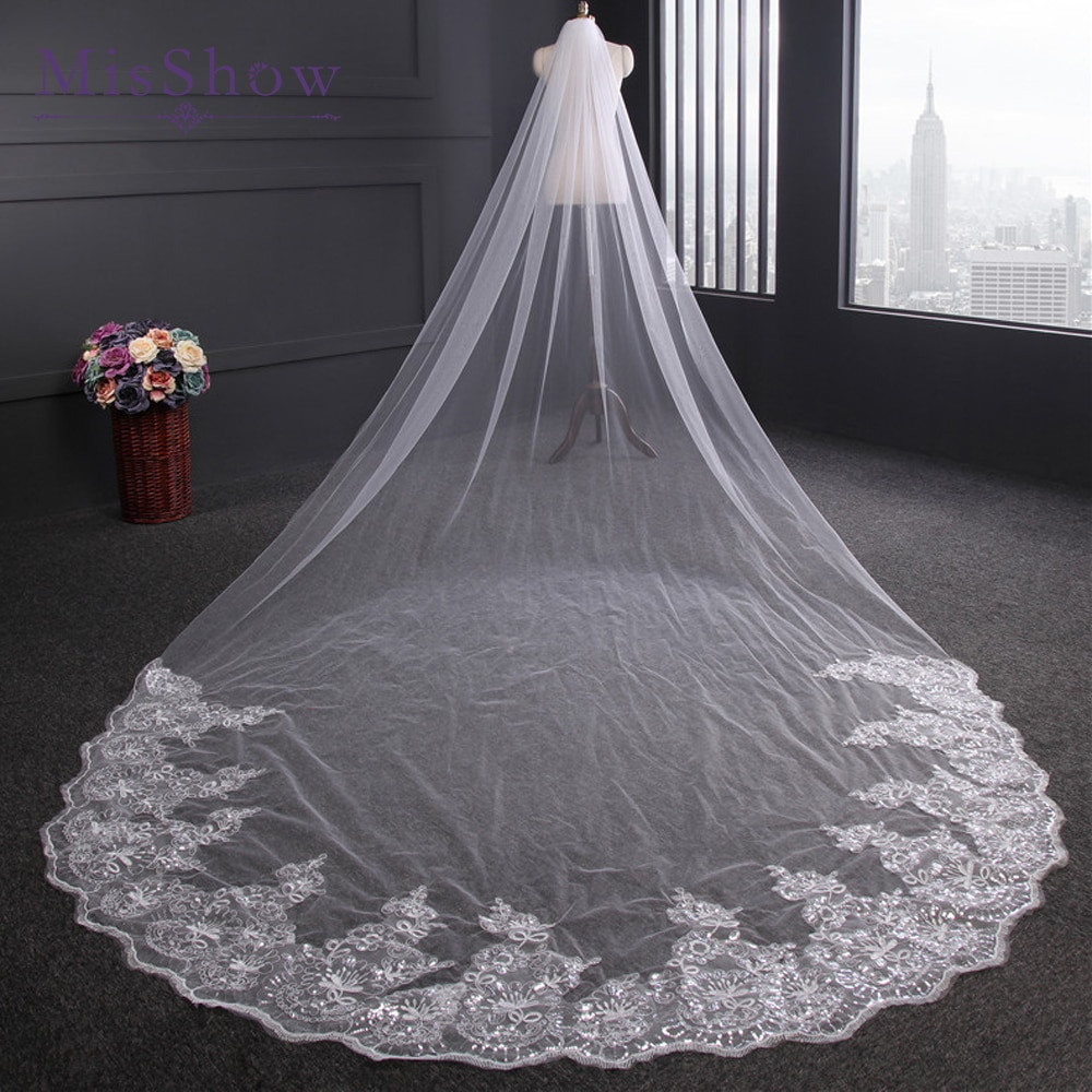 Long Wedding Veil
 4 Meter Ivory White Bridal Veils Lace Edge Tulle Bling