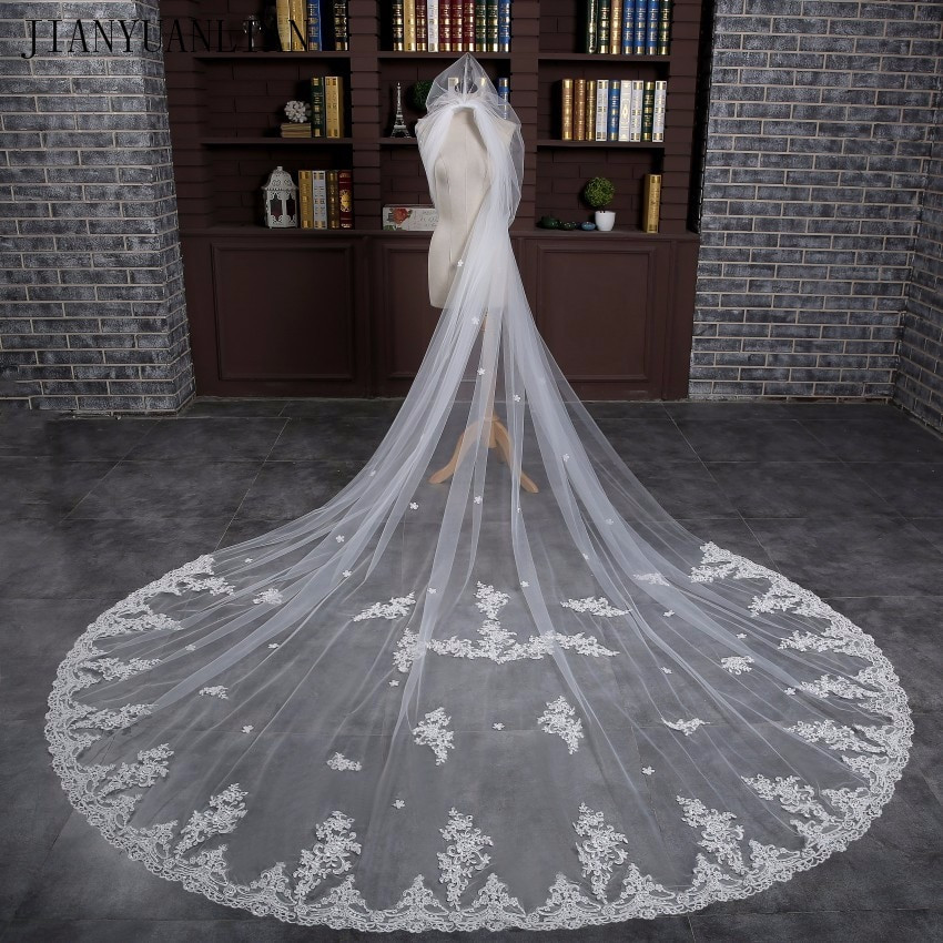 Long Wedding Veil
 3 Meter White Cathedral Wedding Veils 2018 Long Lace Edge