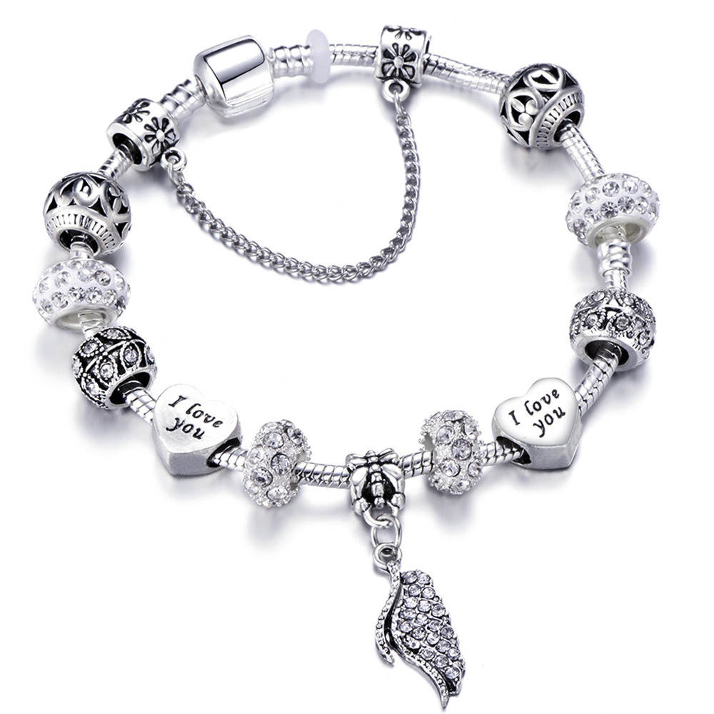 Lovely Charm Bracelet
 New Design Angel Wings Silver Charm Bracelet With Crown