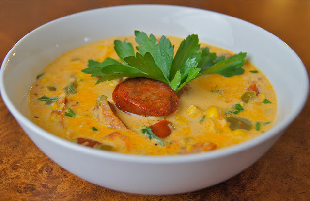 Low Fat Corn Chowder
 Healthy and Gourmet Low Fat Spicy Sausage Corn Chowder