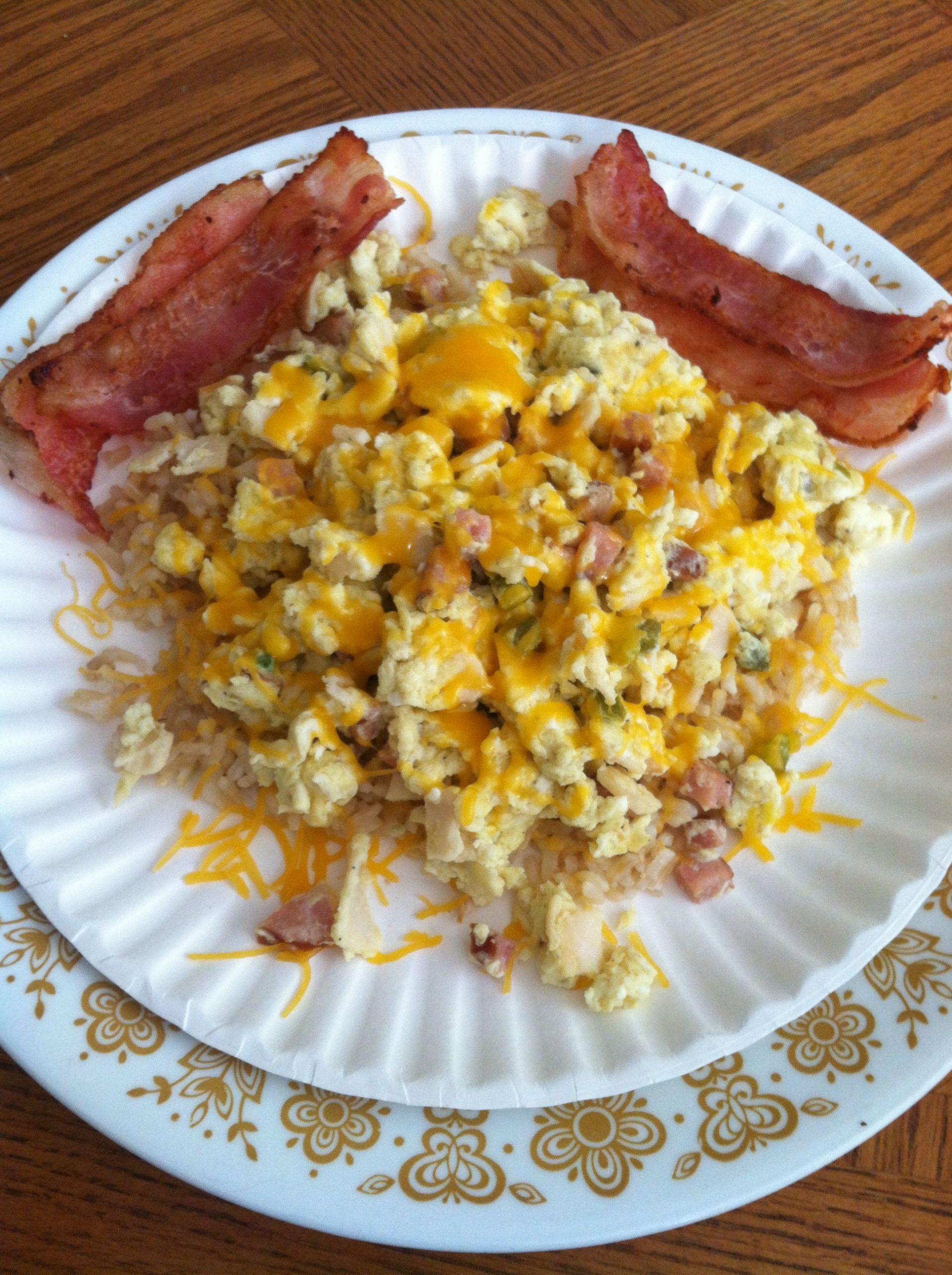 Low Fat Rice Recipes
 Egg White Scramble over brown rice with bacon low fat