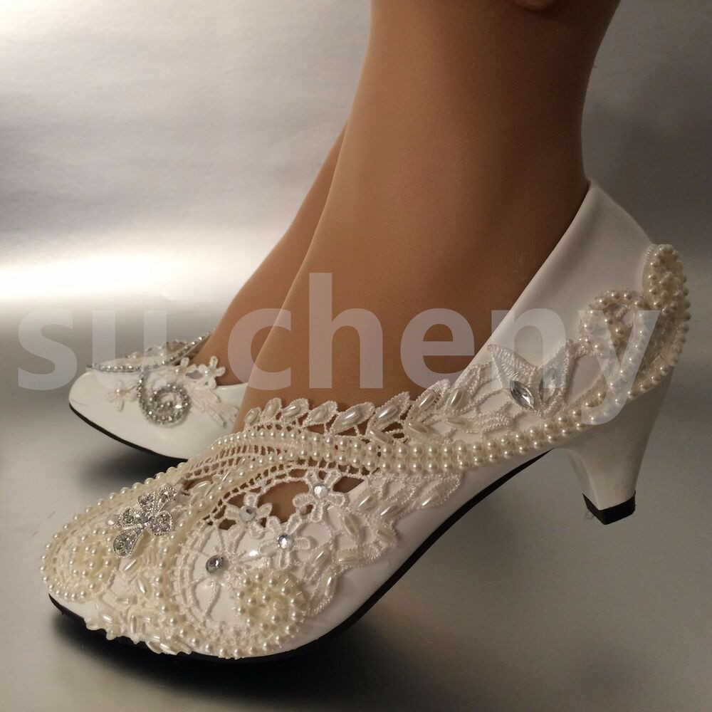 Low Heel Lace Wedding Shoes
 2” low heel White ivory pearls lace crystal Wedding shoes