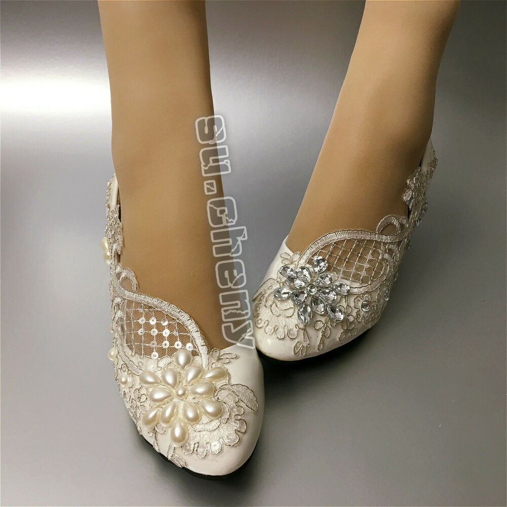 Low Heel Lace Wedding Shoes
 sueny Lace white ivory crystal flats low high heel pump