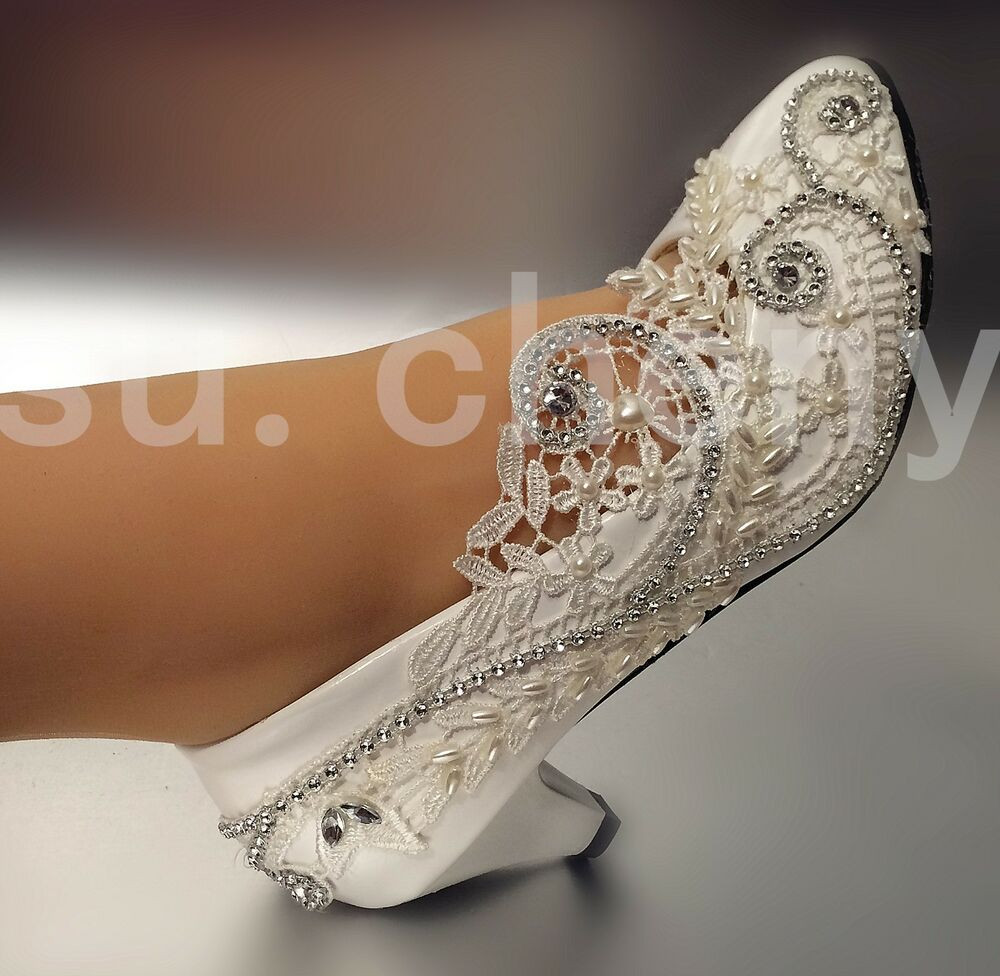 Low Heel Lace Wedding Shoes
 sueny Low heel Lace white light ivory rhinestone pumps