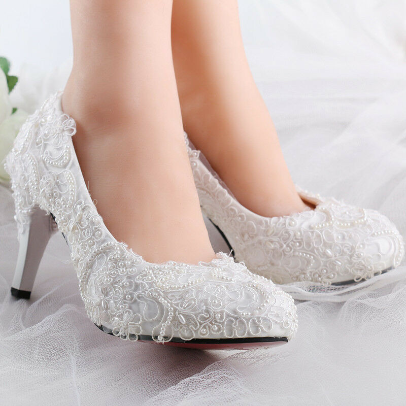 Low Heel Lace Wedding Shoes
 White pearl silk lace Wedding shoes Bridal flats low heel