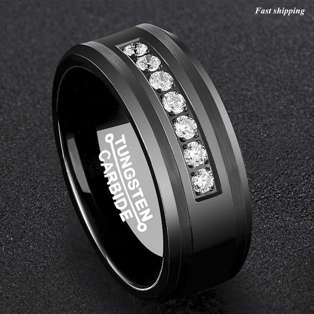 Male Wedding Ring
 8Mm Black Tungsten Carbide Ring Diamonds Inlay fort Fit