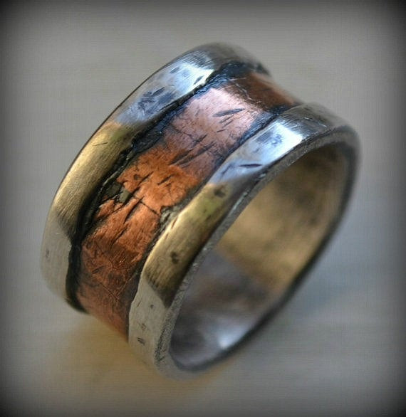 Manly Wedding Bands
 mens wedding band rustic fine silver and copper by