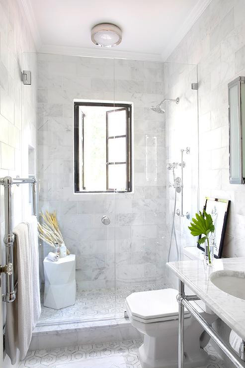 Marble Bathroom Tile
 Shower with French Windows Transitional Bathroom