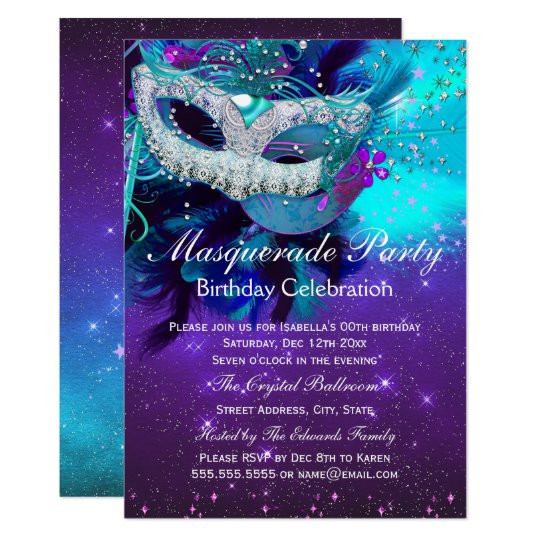 Masquerade Birthday Invitations
 Teal Purple Feather Mask Masquerade Birthday Invitation