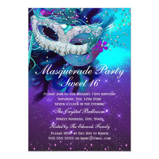 Masquerade Birthday Invitations
 Teal Purple Feather Mask Masquerade Invitation