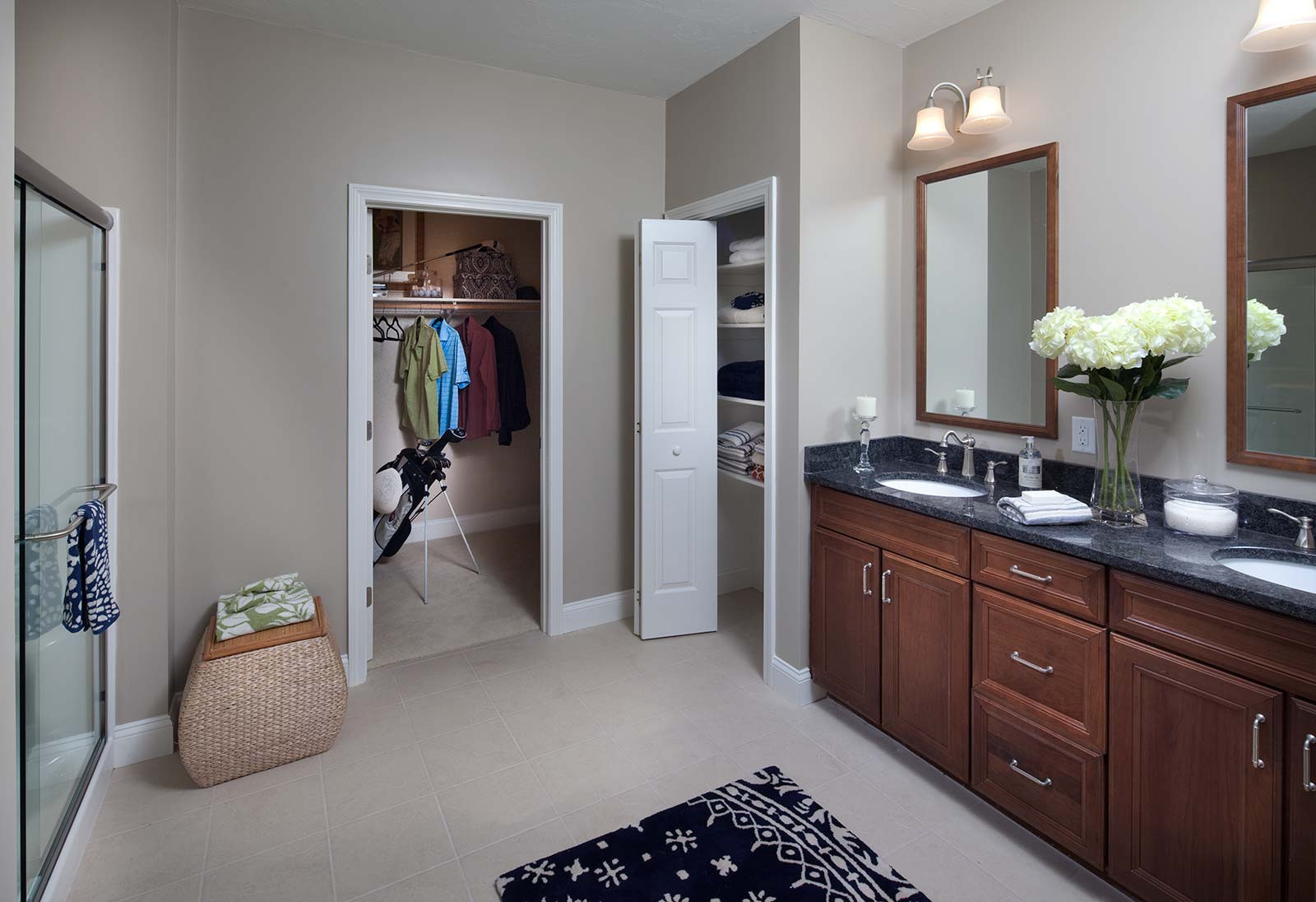Master Bathroom With Closet
 Double sinks a walk in closet linen closet and large