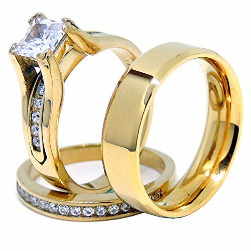 Men And Women Wedding Ring Sets
 Couples Ring Set Womens 14K Gold Plated Princess CZ