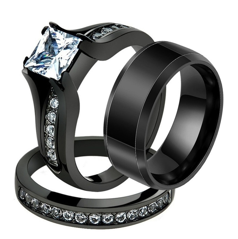 Men And Women Wedding Ring Sets
 Princess Cut Cubic Zirconia Couple Rings Stainless Steel