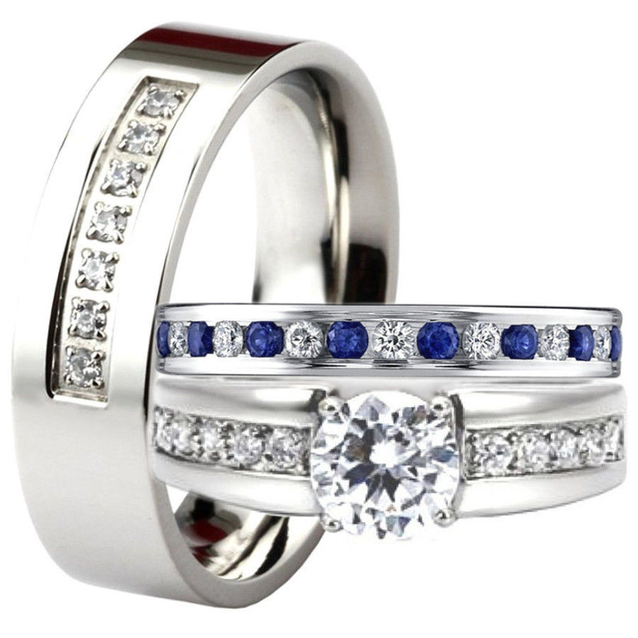 Men And Women Wedding Ring Sets
 His and Hers Blue Sapphire CZ Engagement Ring Wedding Band