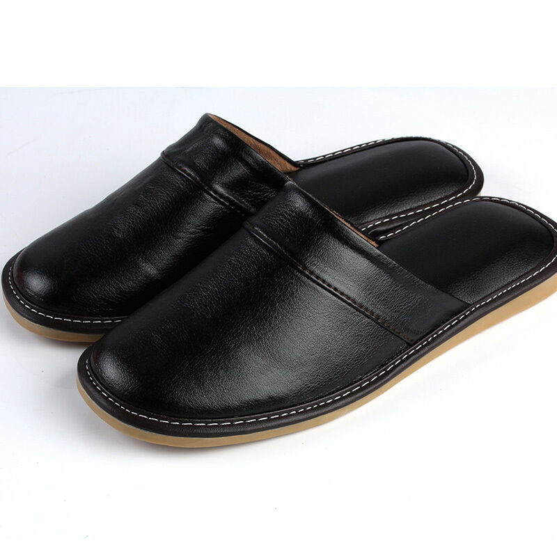 Mens Bedroom Slippers
 Cozy Adult Black Synthetic Leather Soft House Bedroom