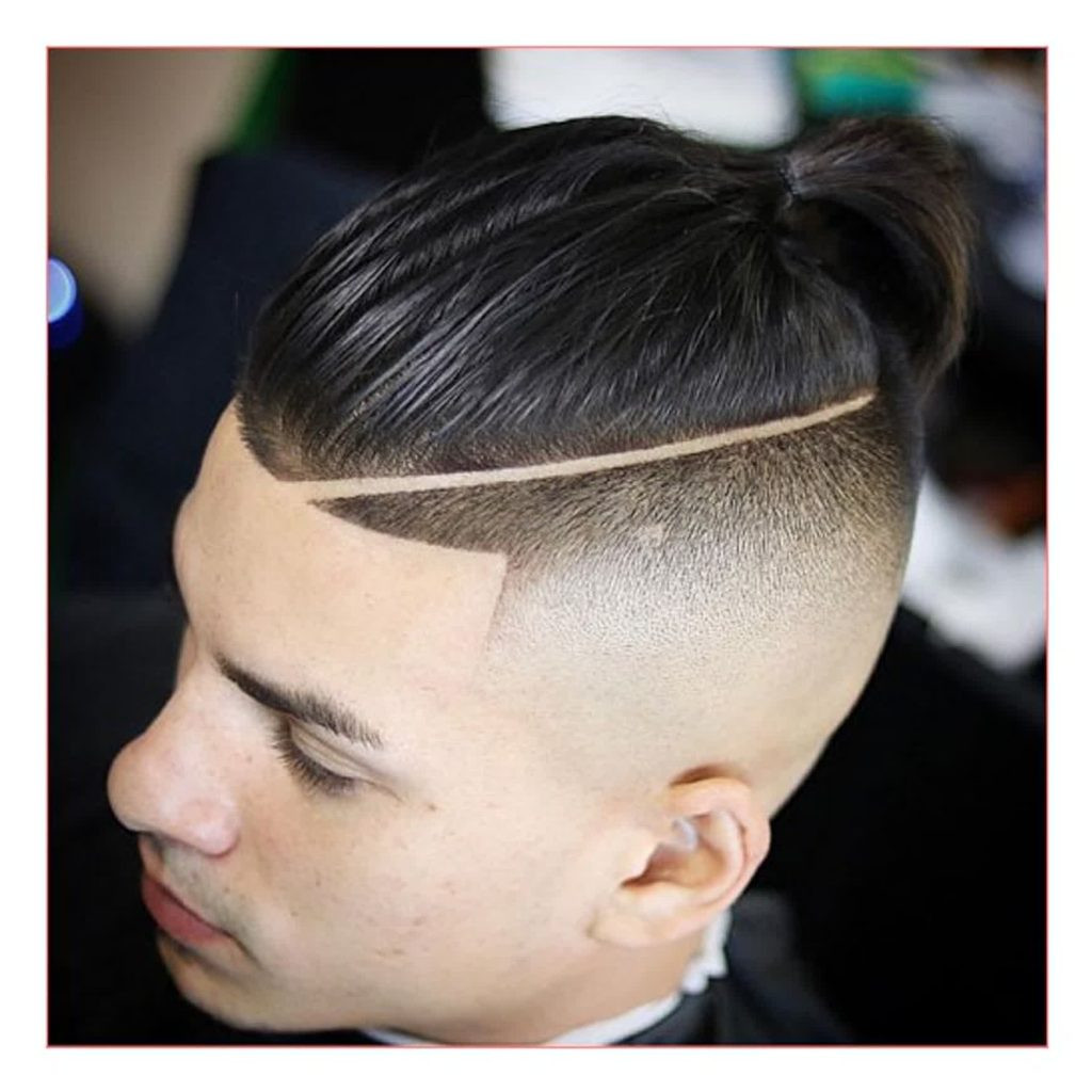 Mens Hairstyles With Line
 Top Knot Undercut Back