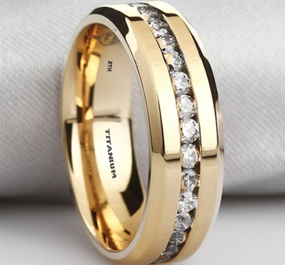 Mens Wedding Bands Gold With Diamonds
 New Boxed Mens Created Diamonds Titanium Gold Gp Wedding