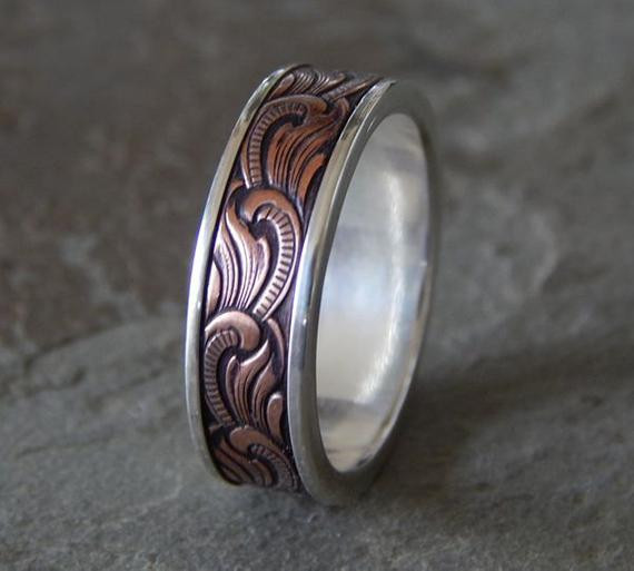 Mens Wedding Rings Unique
 PAISLEY Silver & Copper Men s Wedding Ring