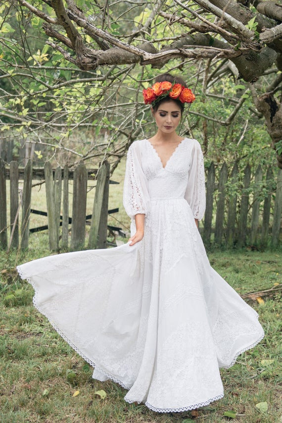 Mexican Wedding Dresses
 FRIDA 1970 s Mexican Cotton Lace Wedding Dress