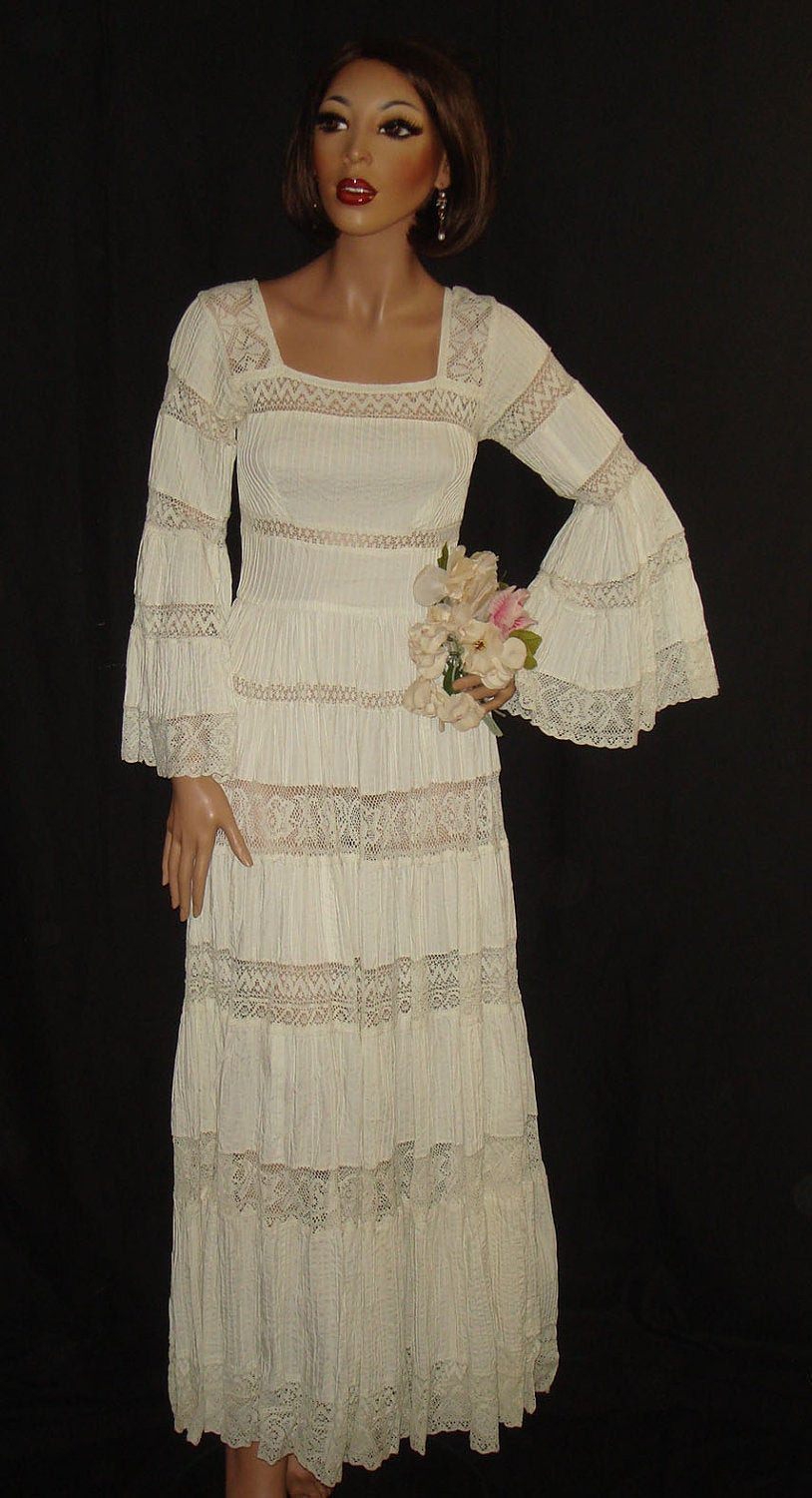Mexican Wedding Dresses
 Vintage 1960s White Mexican Wedding Dress with sheer lace and