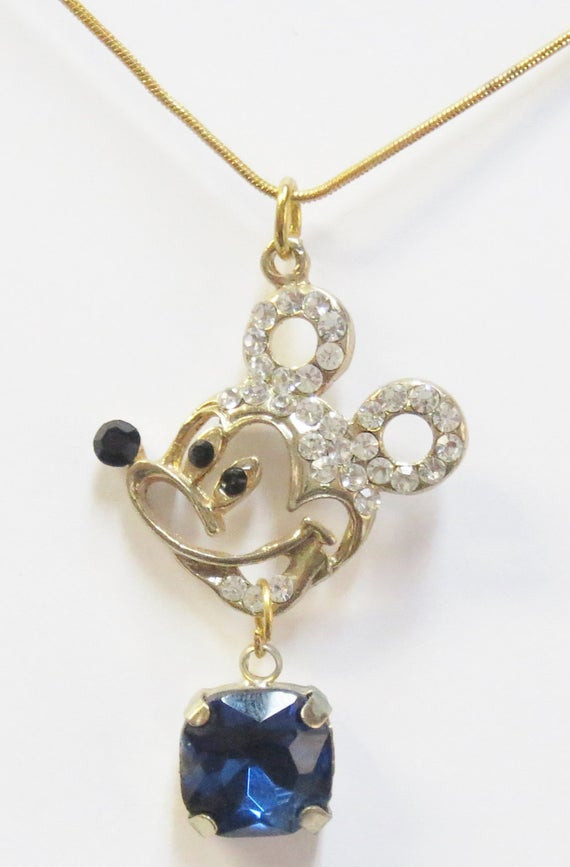 Mickey Mouse Necklace
 Mickey Mouse Pendant Necklace Clear Rhinestones Blue