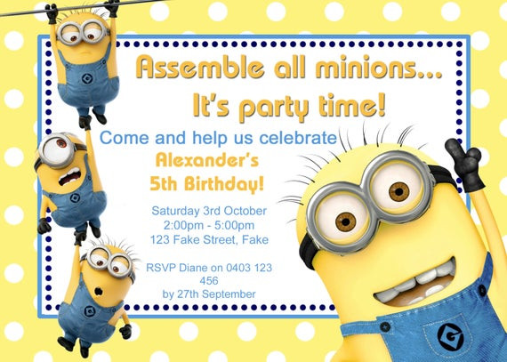 Minions Birthday Invitations
 Customised Minion Birthday Invitation Printable by