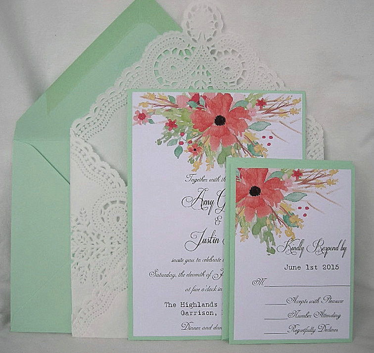 Mint Green Wedding Invitations
 Wedding Invitation Coral Peach Mint green by AllThingsAngelas