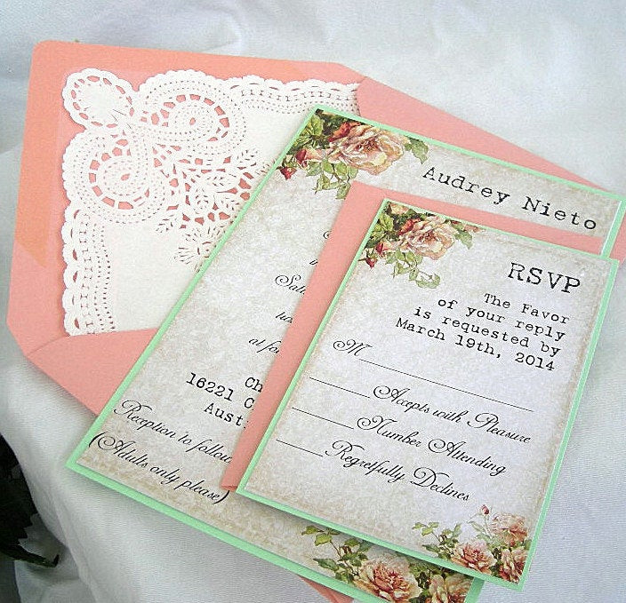 Mint Green Wedding Invitations
 Wedding Invitation Mint Green and Coral Peach Vintage Rose